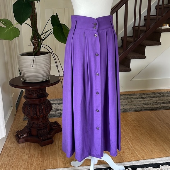 Vintage High Waisted Button Front Pleated A-Line Skirt Eggplant Purple - Picture 2 of 15